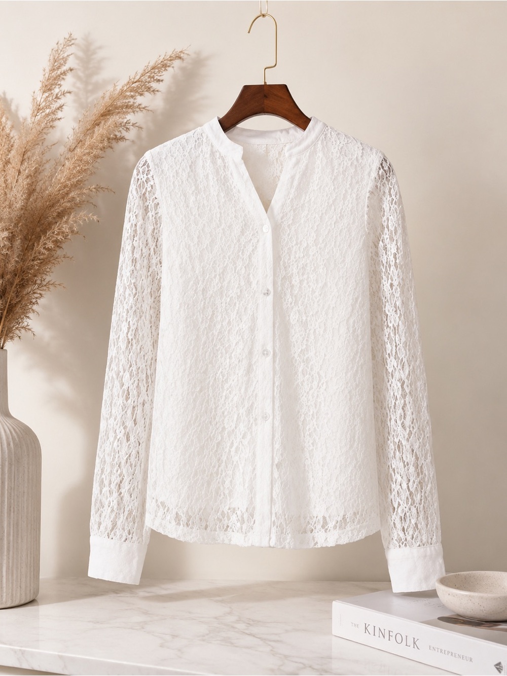 Cable Gauge Blouse L Ivory Floral Lace Button Front Long Sleeve soft inner line